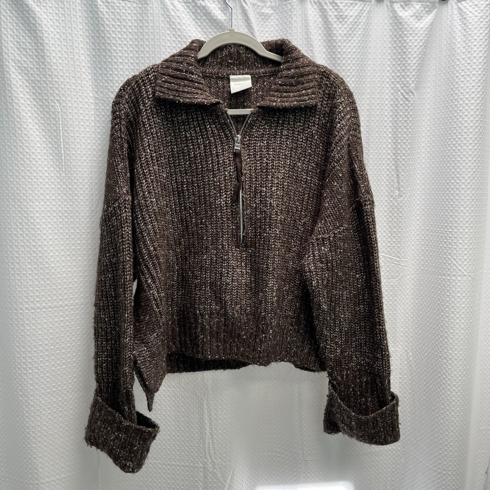 Varley Womens Quarter Zip Chunky Knit Sweater Brown Marl Ribbed Pullover Large